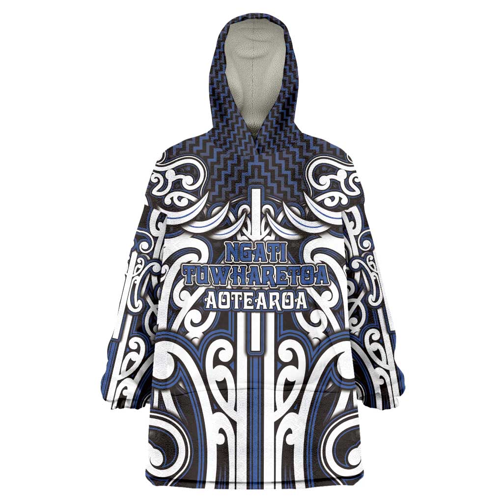 Custom Aotearoa Ngati Tuwharetoa Wearable Blanket Hoodie Maori Tribal Pattern Mix Poutama LT05 One Size Navy - Polynesian Pride