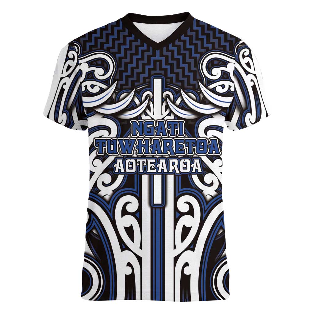 Custom Aotearoa Ngati Tuwharetoa Women V-Neck T-Shirt Maori Tribal Pattern Mix Poutama LT05 Female Navy - Polynesian Pride