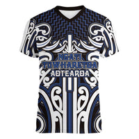 Custom Aotearoa Ngati Tuwharetoa Women V-Neck T-Shirt Maori Tribal Pattern Mix Poutama LT05 Female Navy - Polynesian Pride