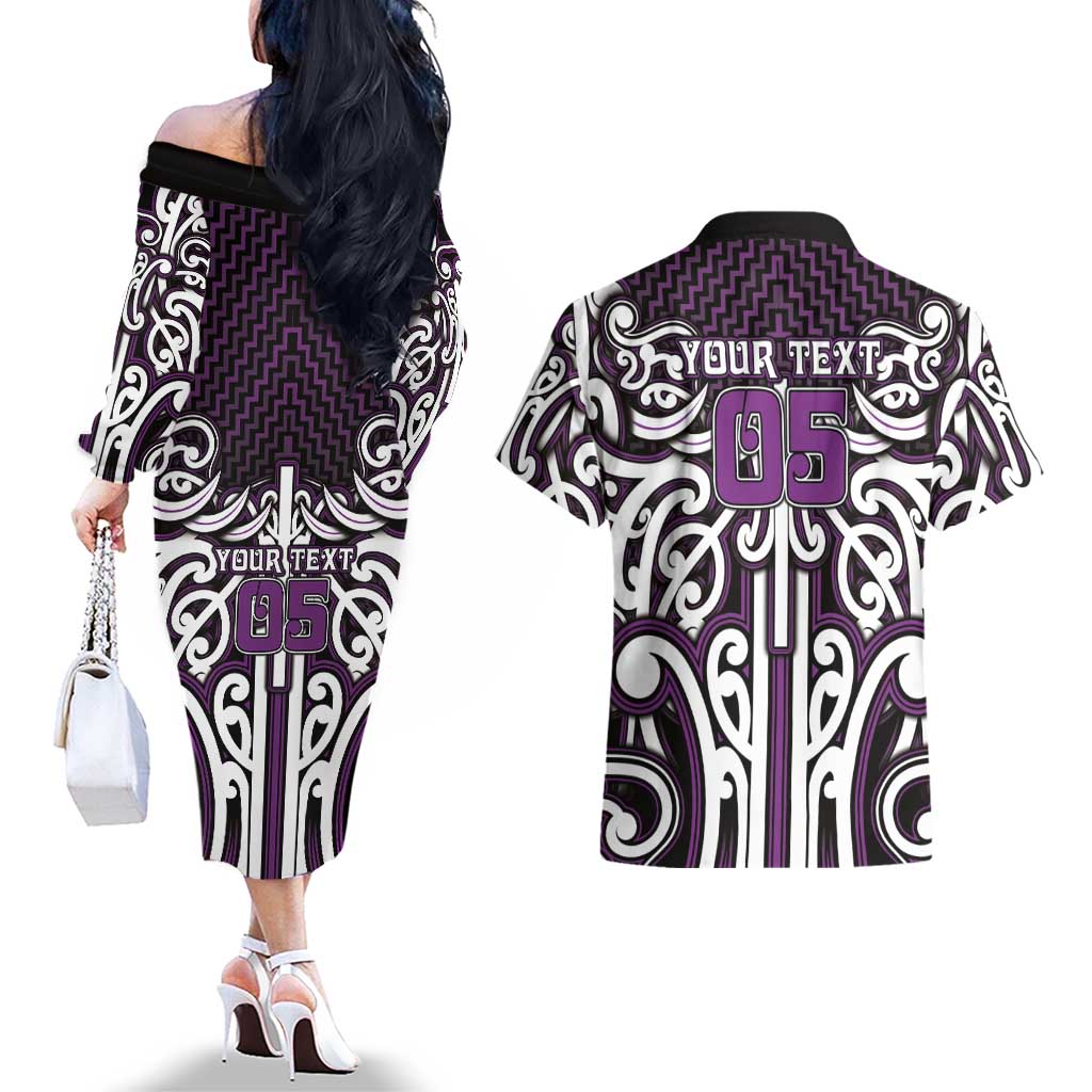 Custom Aotearoa Rangitane Couples Matching Off The Shoulder Long Sleeve Dress and Hawaiian Shirt Maori Tribal Pattern Mix Poutama LT05 - Polynesian Pride