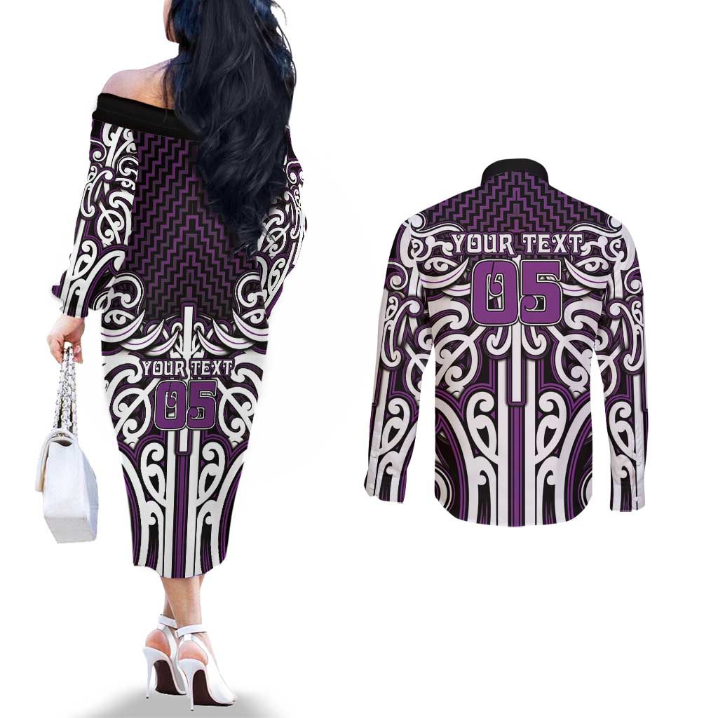 Custom Aotearoa Rangitane Couples Matching Off The Shoulder Long Sleeve Dress and Long Sleeve Button Shirt Maori Tribal Pattern Mix Poutama