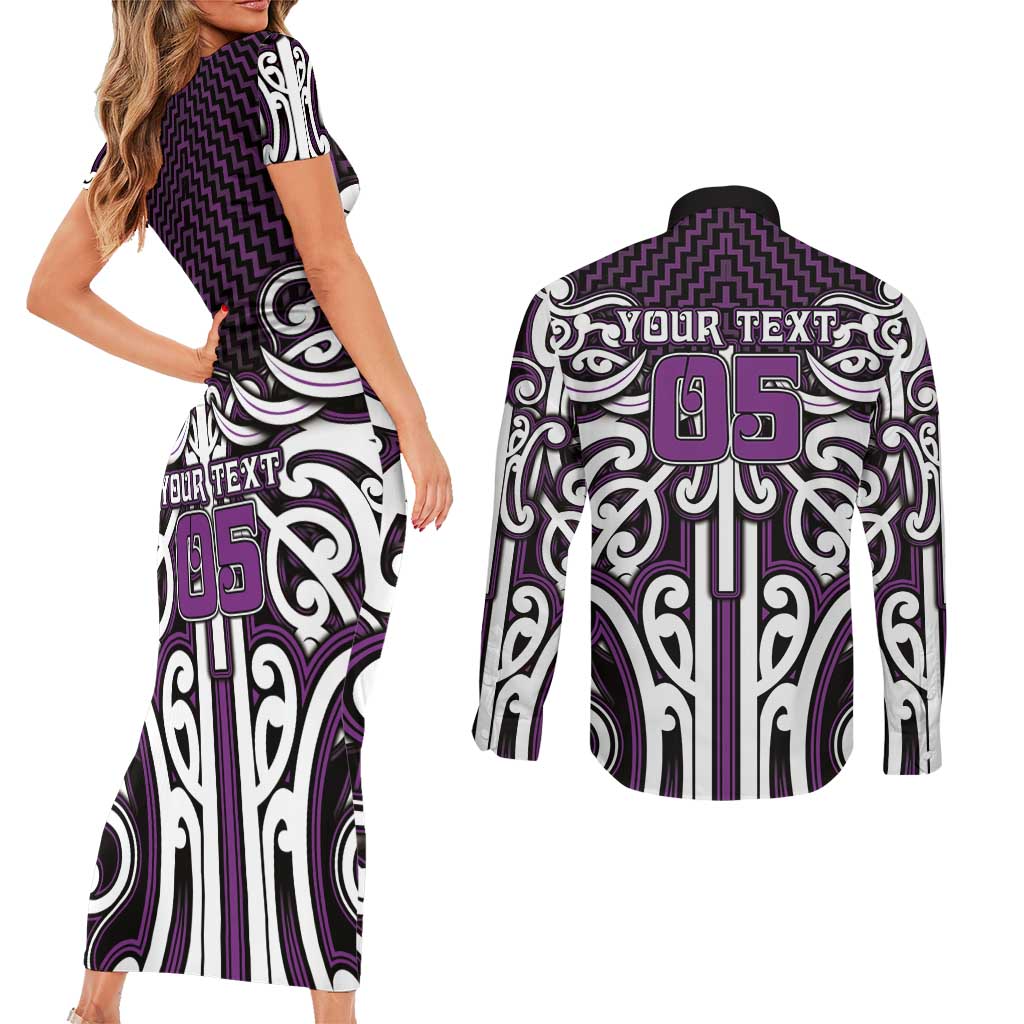 Custom Aotearoa Rangitane Couples Matching Short Sleeve Bodycon Dress and Long Sleeve Button Shirt Maori Tribal Pattern Mix Poutama