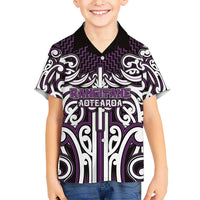 Custom Aotearoa Rangitane Family Matching Off Shoulder Short Dress and Hawaiian Shirt Maori Tribal Pattern Mix Poutama LT05 Son's Shirt Purple - Polynesian Pride