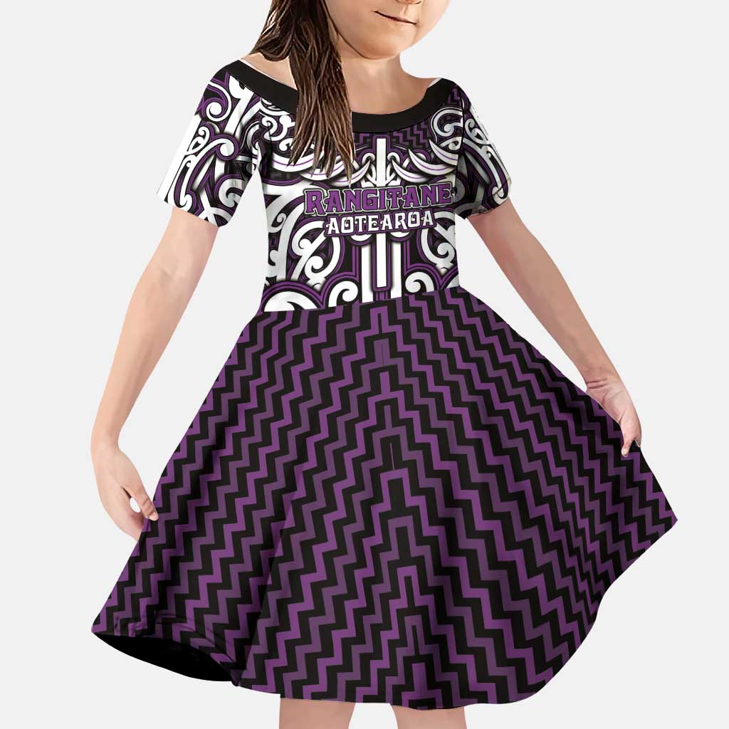 Custom Aotearoa Rangitane Family Matching Puletasi and Hawaiian Shirt Maori Tribal Pattern Mix Poutama LT05 Daughter's Dress Purple - Polynesian Pride