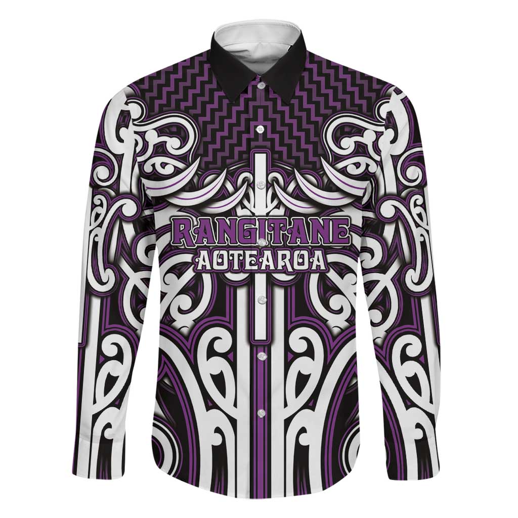 Custom Aotearoa Rangitane Family Matching Summer Maxi Dress and Hawaiian Shirt Maori Tribal Pattern Mix Poutama LT05 Dad's Shirt - Long Sleeve Purple - Polynesian Pride