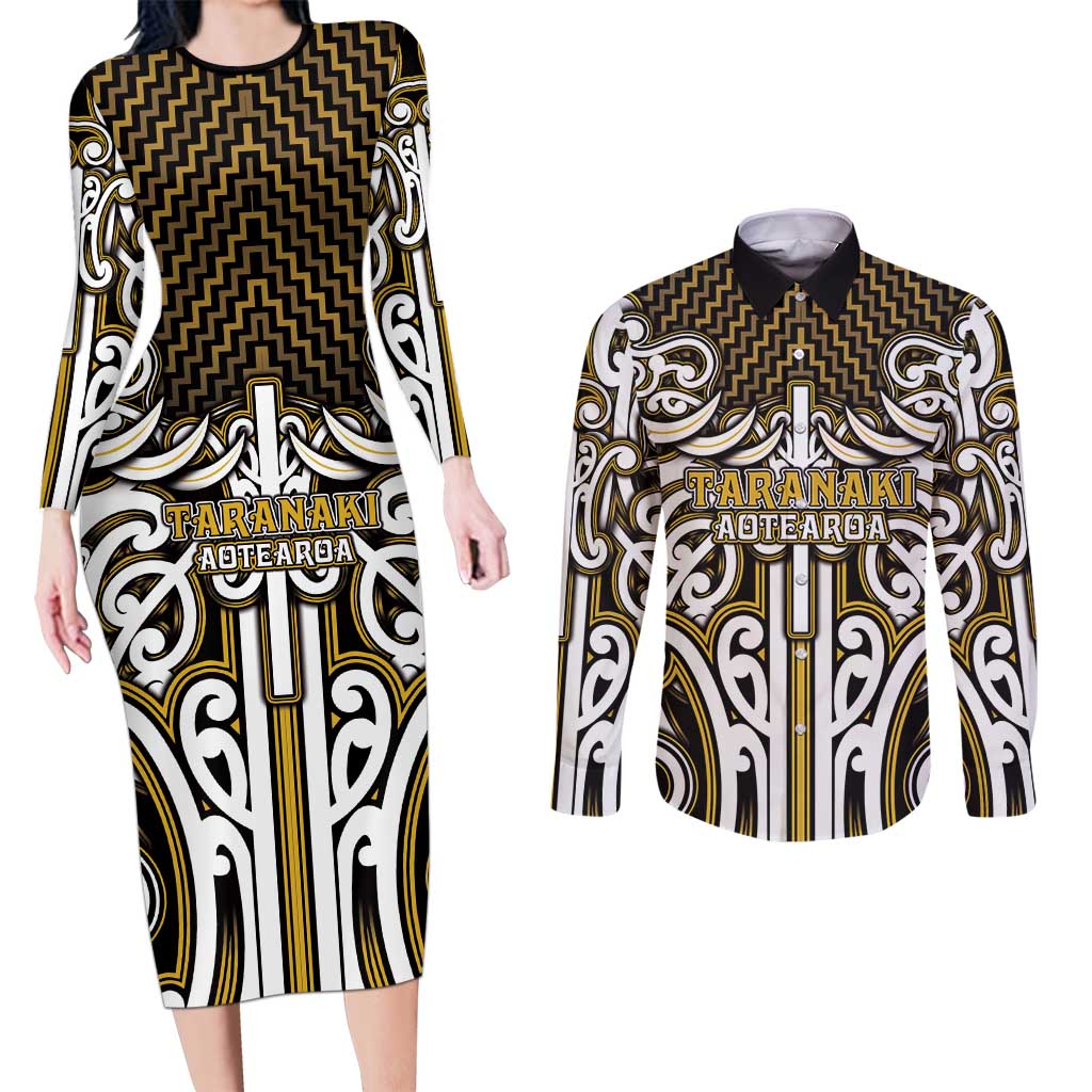 Custom Aotearoa Taranaki Couples Matching Long Sleeve Bodycon Dress and Long Sleeve Button Shirt Maori Tribal Pattern Mix Poutama LT05 Yellow - Polynesian Pride