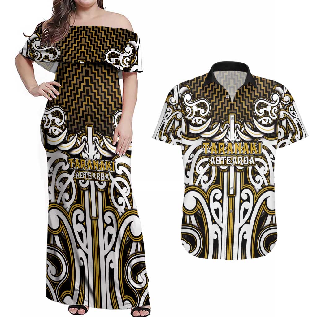 Custom Aotearoa Taranaki Couples Matching Off Shoulder Maxi Dress and Hawaiian Shirt Maori Tribal Pattern Mix Poutama