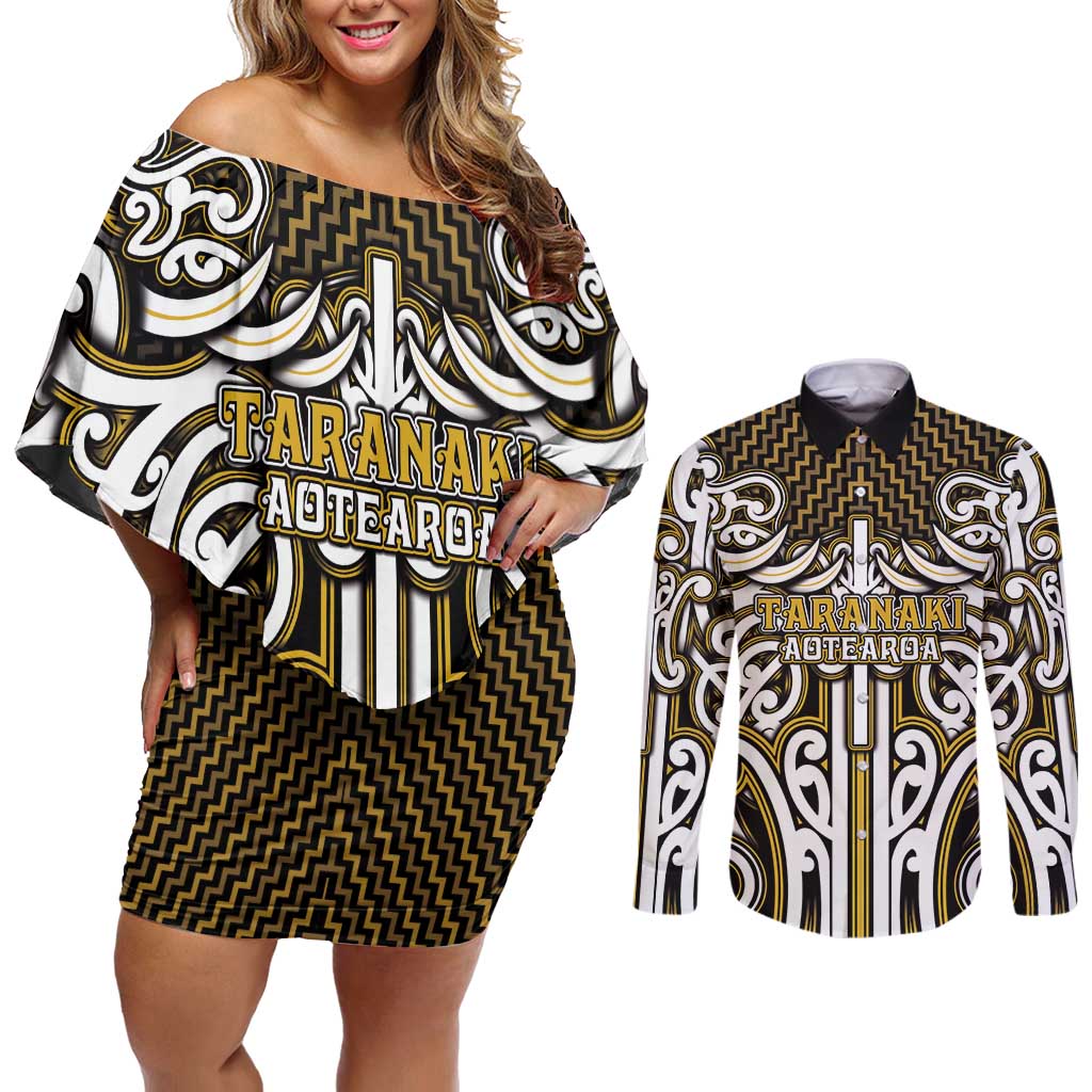 Custom Aotearoa Taranaki Couples Matching Off Shoulder Short Dress and Long Sleeve Button Shirt Maori Tribal Pattern Mix Poutama LT05 Yellow - Polynesian Pride