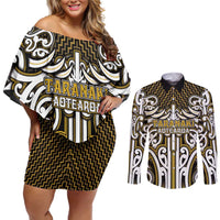Custom Aotearoa Taranaki Couples Matching Off Shoulder Short Dress and Long Sleeve Button Shirt Maori Tribal Pattern Mix Poutama LT05 Yellow - Polynesian Pride