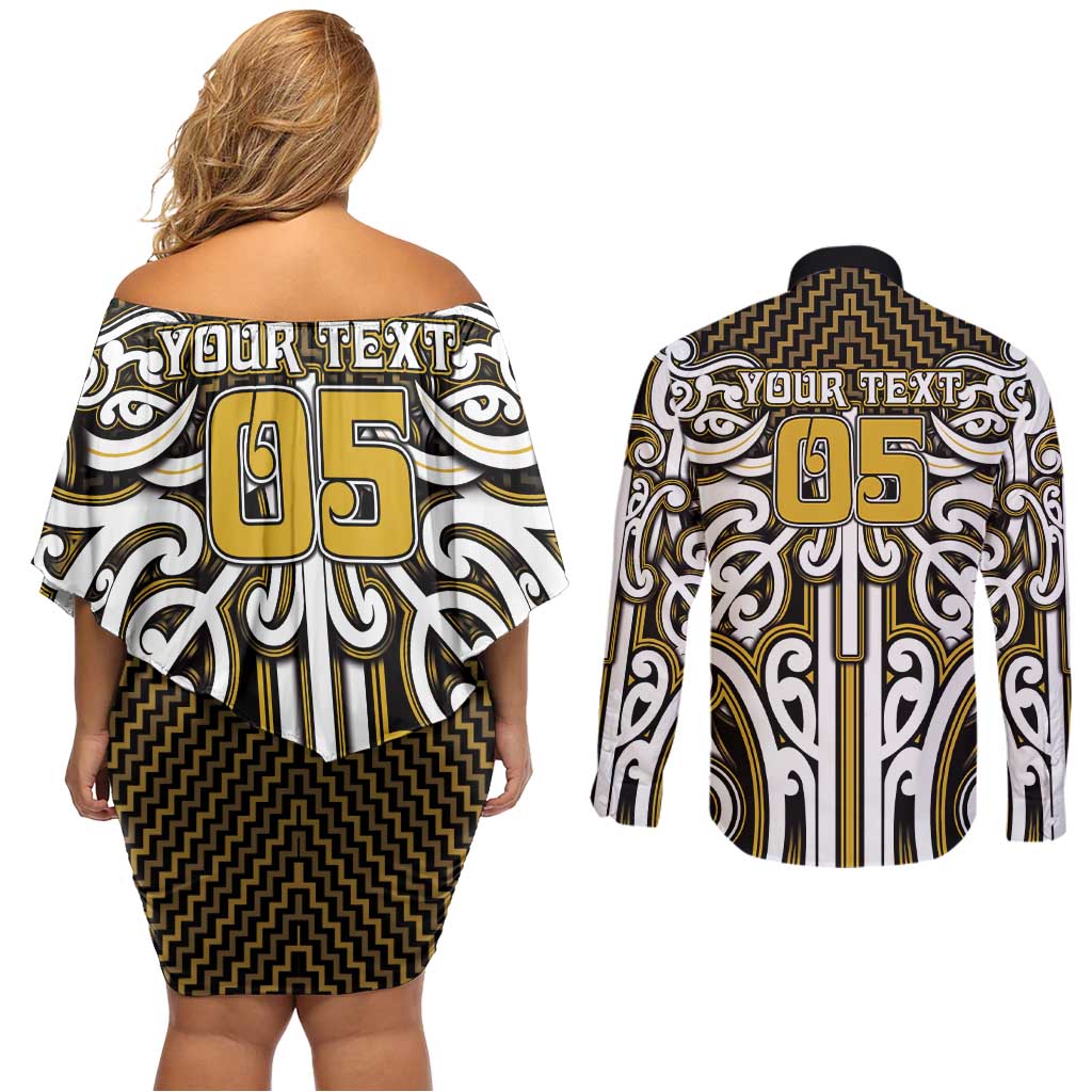 Custom Aotearoa Taranaki Couples Matching Off Shoulder Short Dress and Long Sleeve Button Shirt Maori Tribal Pattern Mix Poutama LT05 - Polynesian Pride