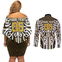 Custom Aotearoa Taranaki Couples Matching Off Shoulder Short Dress and Long Sleeve Button Shirt Maori Tribal Pattern Mix Poutama LT05 - Polynesian Pride