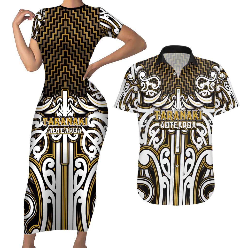 Custom Aotearoa Taranaki Couples Matching Short Sleeve Bodycon Dress and Hawaiian Shirt Maori Tribal Pattern Mix Poutama LT05 Yellow - Polynesian Pride