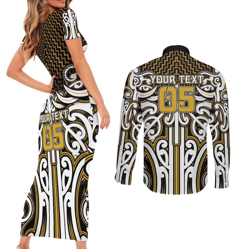Custom Aotearoa Taranaki Couples Matching Short Sleeve Bodycon Dress and Long Sleeve Button Shirt Maori Tribal Pattern Mix Poutama LT05 - Polynesian Pride