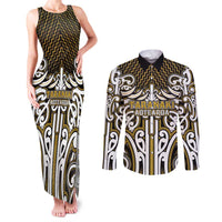Custom Aotearoa Taranaki Couples Matching Tank Maxi Dress and Long Sleeve Button Shirt Maori Tribal Pattern Mix Poutama