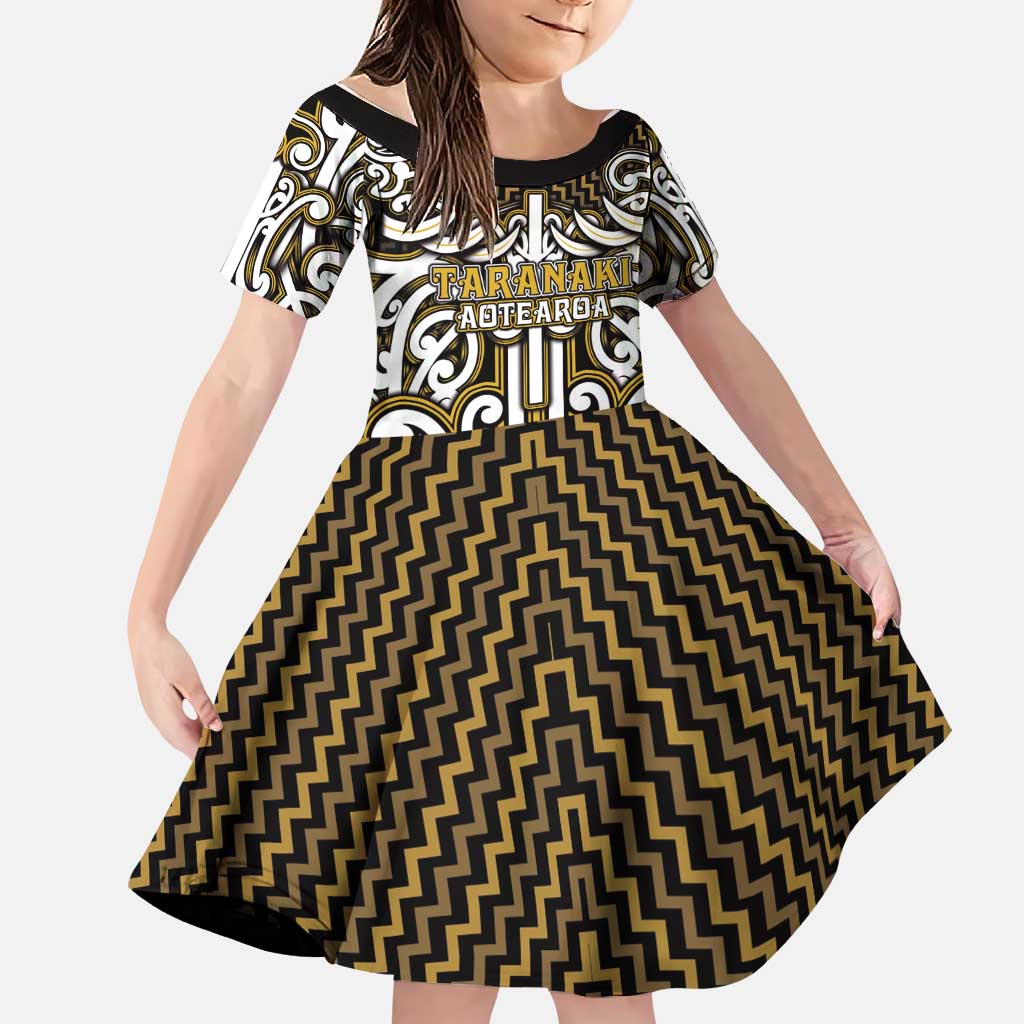 Custom Aotearoa Taranaki Family Matching Off Shoulder Maxi Dress and Hawaiian Shirt Maori Tribal Pattern Mix Poutama LT05 Daughter's Dress Yellow - Polynesian Pride