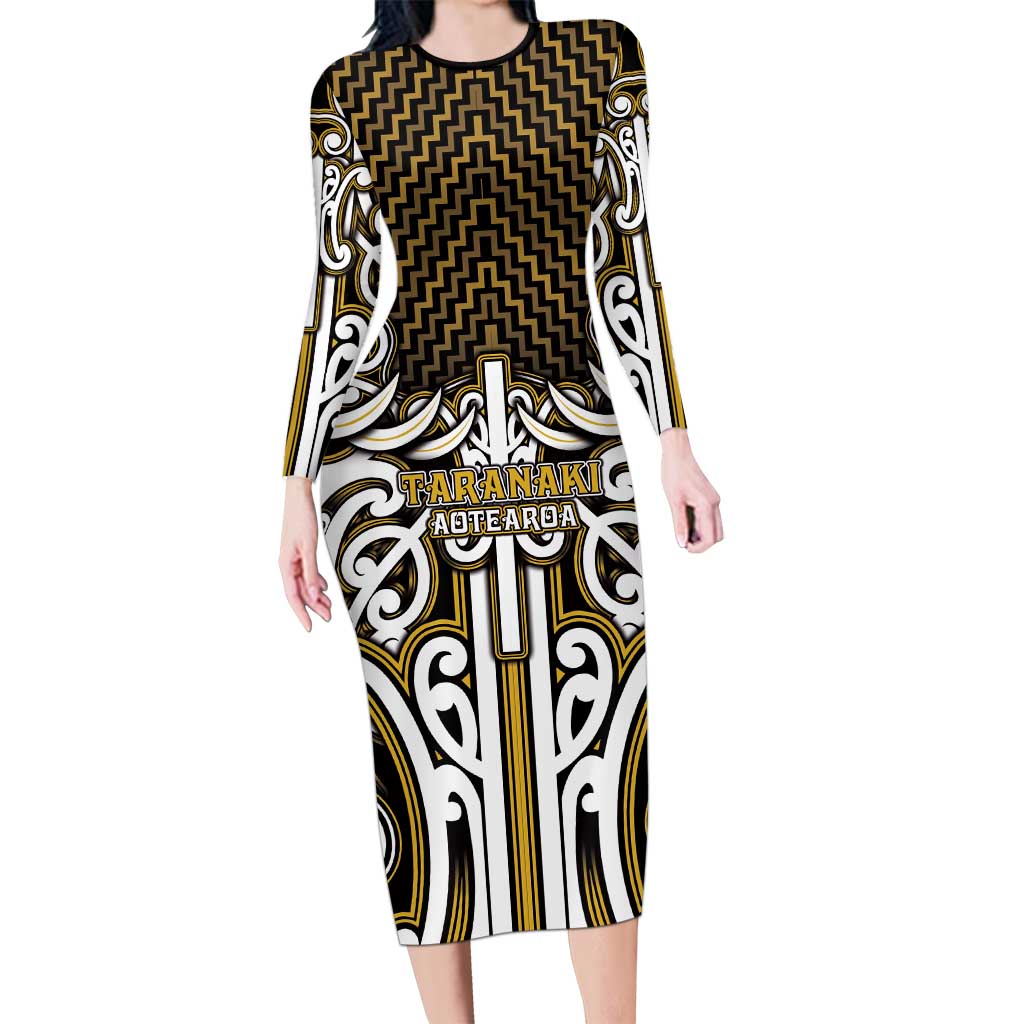 Custom Aotearoa Taranaki Long Sleeve Bodycon Dress Maori Tribal Pattern Mix Poutama LT05 Long Dress Yellow - Polynesian Pride