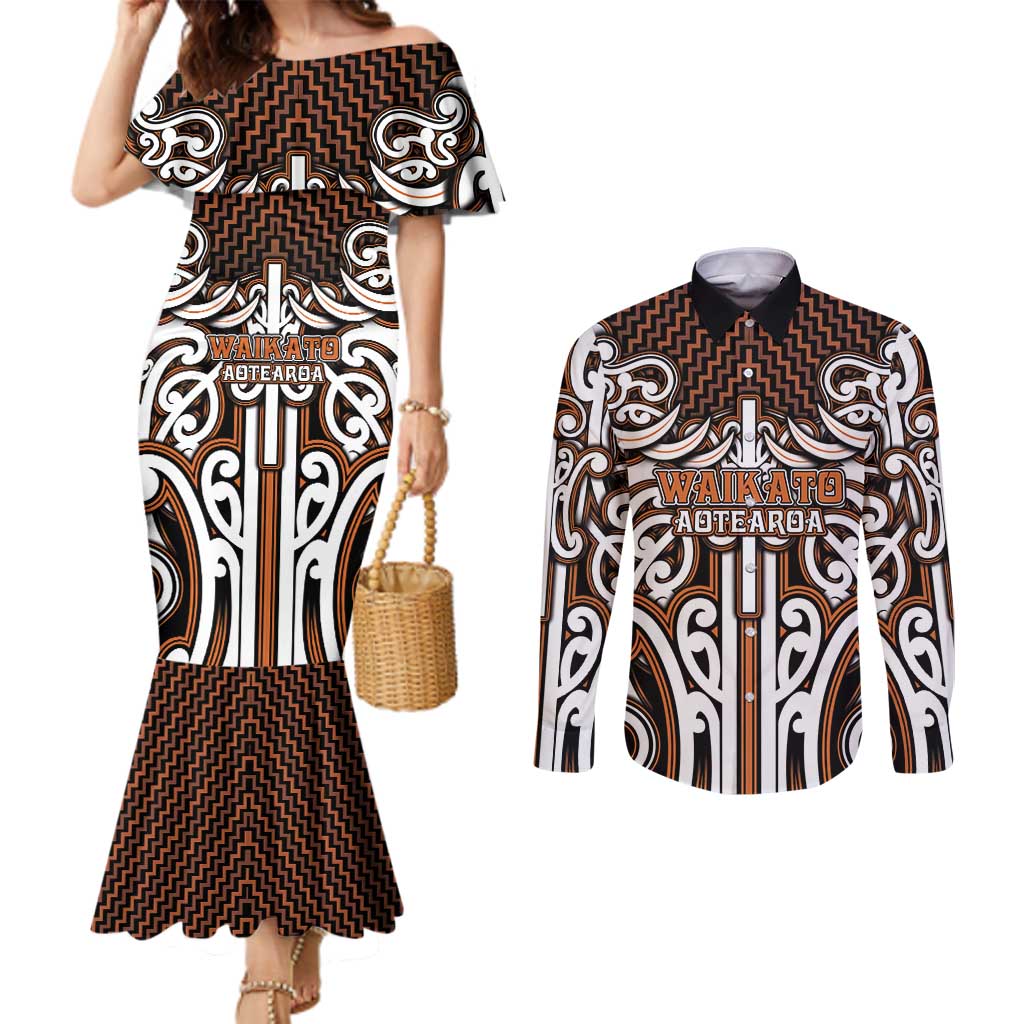 Custom Aotearoa Waikato Couples Matching Mermaid Dress and Long Sleeve Button Shirt Maori Tribal Pattern Mix Poutama LT05 Orange - Polynesian Pride