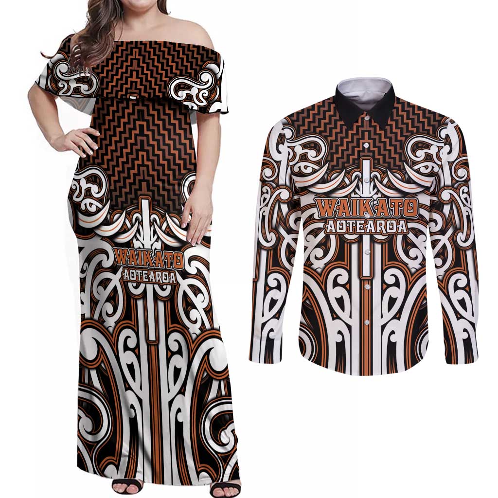 Custom Aotearoa Waikato Couples Matching Off Shoulder Maxi Dress and Long Sleeve Button Shirt Maori Tribal Pattern Mix Poutama LT05 Orange - Polynesian Pride