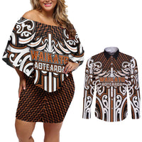 Custom Aotearoa Waikato Couples Matching Off Shoulder Short Dress and Long Sleeve Button Shirt Maori Tribal Pattern Mix Poutama LT05 Orange - Polynesian Pride
