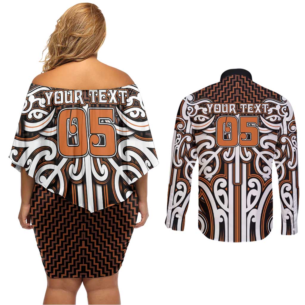 Custom Aotearoa Waikato Couples Matching Off Shoulder Short Dress and Long Sleeve Button Shirt Maori Tribal Pattern Mix Poutama LT05 - Polynesian Pride