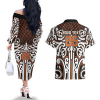 Custom Aotearoa Waikato Couples Matching Off The Shoulder Long Sleeve Dress and Hawaiian Shirt Maori Tribal Pattern Mix Poutama LT05 - Polynesian Pride
