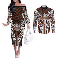 Custom Aotearoa Waikato Couples Matching Off The Shoulder Long Sleeve Dress and Long Sleeve Button Shirt Maori Tribal Pattern Mix Poutama LT05 Orange - Polynesian Pride