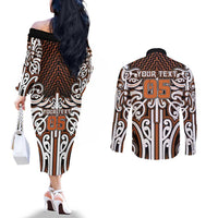 Custom Aotearoa Waikato Couples Matching Off The Shoulder Long Sleeve Dress and Long Sleeve Button Shirt Maori Tribal Pattern Mix Poutama LT05 - Polynesian Pride
