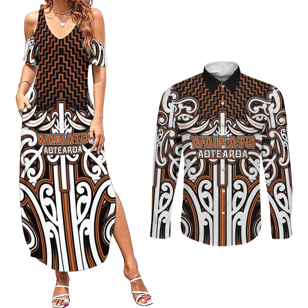 Custom Aotearoa Waikato Couples Matching Summer Maxi Dress and Long Sleeve Button Shirt Maori Tribal Pattern Mix Poutama LT05 Orange - Polynesian Pride