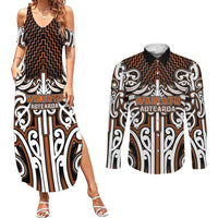 Custom Aotearoa Waikato Couples Matching Summer Maxi Dress and Long Sleeve Button Shirt Maori Tribal Pattern Mix Poutama LT05 Orange - Polynesian Pride