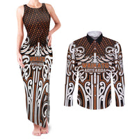 Custom Aotearoa Waikato Couples Matching Tank Maxi Dress and Long Sleeve Button Shirt Maori Tribal Pattern Mix Poutama LT05 Orange - Polynesian Pride