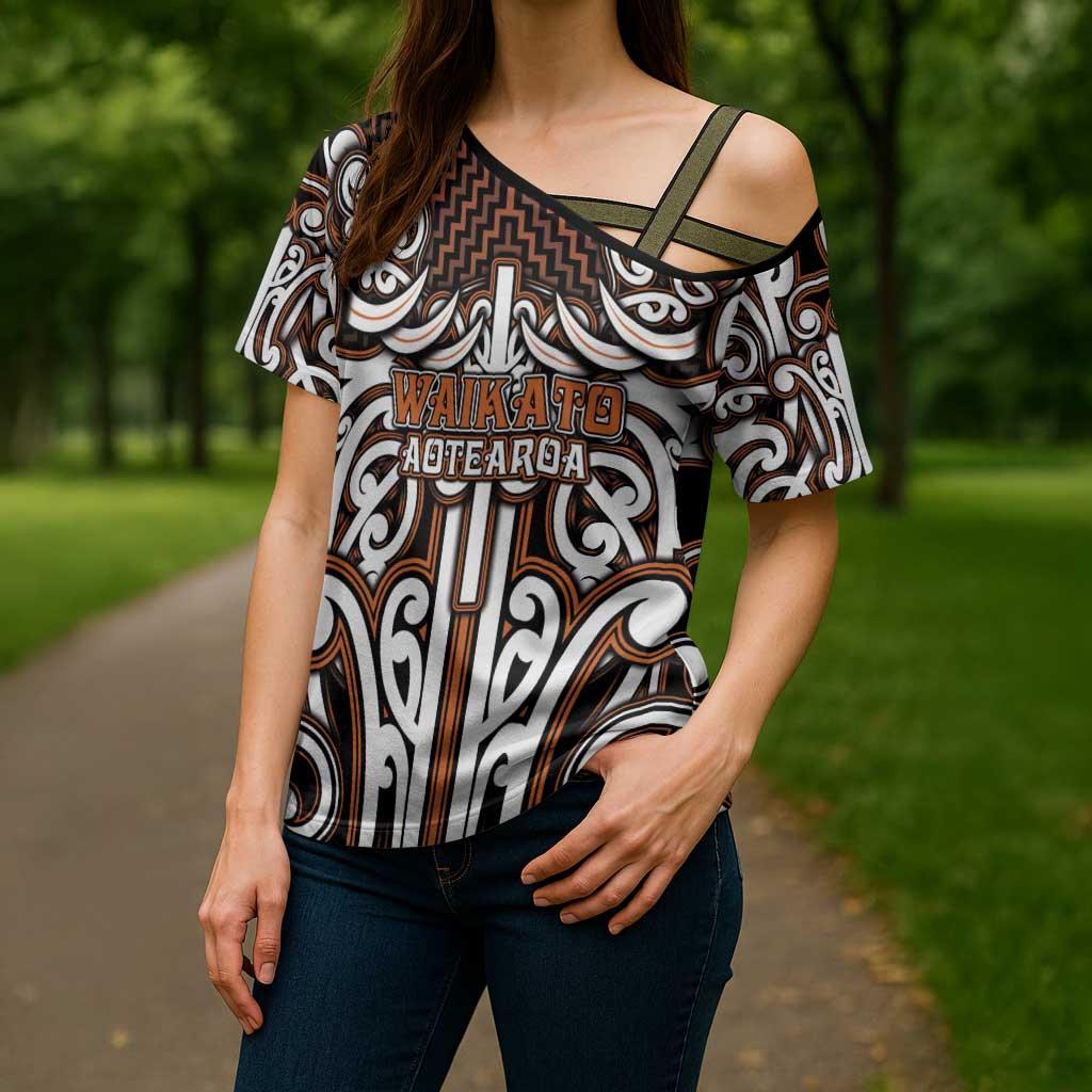 Custom Aotearoa Waikato Cross Shoulder Shirt Maori Tribal Pattern Mix Poutama