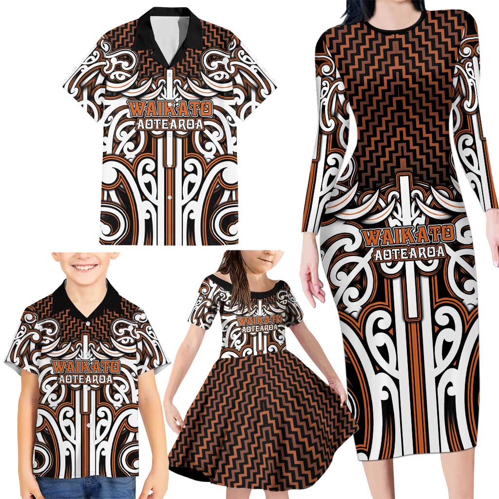 Custom Aotearoa Waikato Family Matching Long Sleeve Bodycon Dress and Hawaiian Shirt Maori Tribal Pattern Mix Poutama