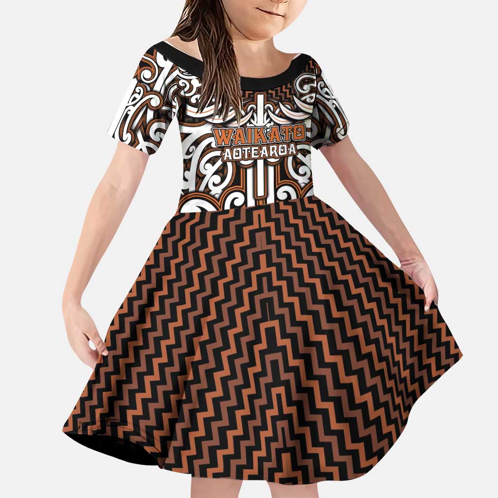 Custom Aotearoa Waikato Family Matching Mermaid Dress and Hawaiian Shirt Maori Tribal Pattern Mix Poutama LT05 Daughter's Dress Orange - Polynesian Pride