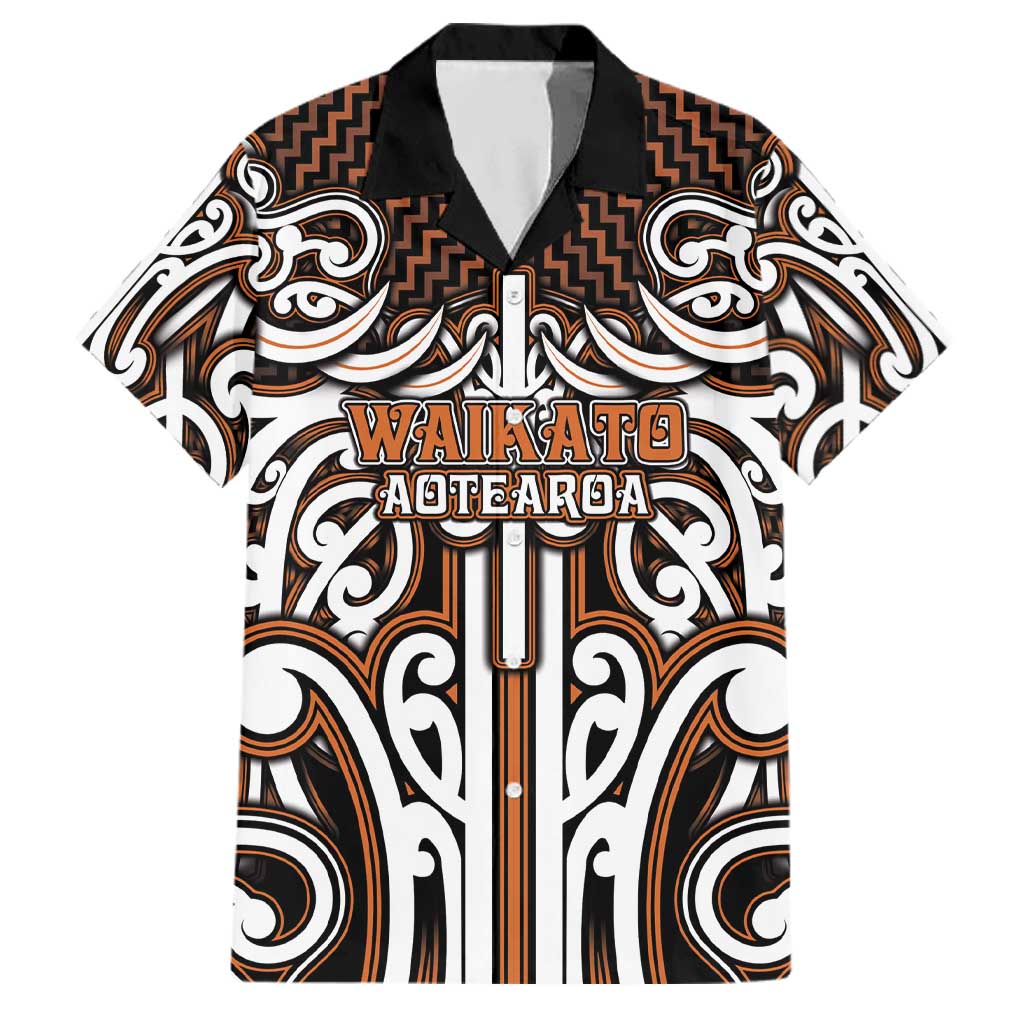 Custom Aotearoa Waikato Family Matching Mermaid Dress and Hawaiian Shirt Maori Tribal Pattern Mix Poutama LT05 Dad's Shirt - Short Sleeve Orange - Polynesian Pride