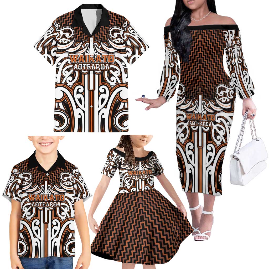 Custom Aotearoa Waikato Family Matching Off The Shoulder Long Sleeve Dress and Hawaiian Shirt Maori Tribal Pattern Mix Poutama LT05 - Polynesian Pride