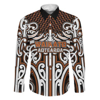 Custom Aotearoa Waikato Family Matching Off The Shoulder Long Sleeve Dress and Hawaiian Shirt Maori Tribal Pattern Mix Poutama LT05 Dad's Shirt - Long Sleeve Orange - Polynesian Pride