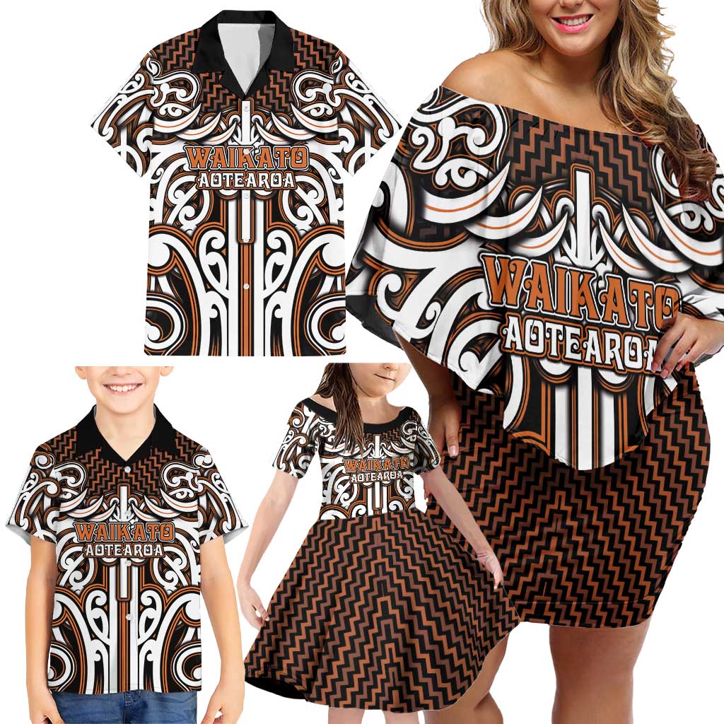 Custom Aotearoa Waikato Family Matching Off Shoulder Short Dress and Hawaiian Shirt Maori Tribal Pattern Mix Poutama