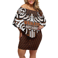 Custom Aotearoa Waikato Family Matching Off Shoulder Short Dress and Hawaiian Shirt Maori Tribal Pattern Mix Poutama LT05 Mom's Dress Orange - Polynesian Pride