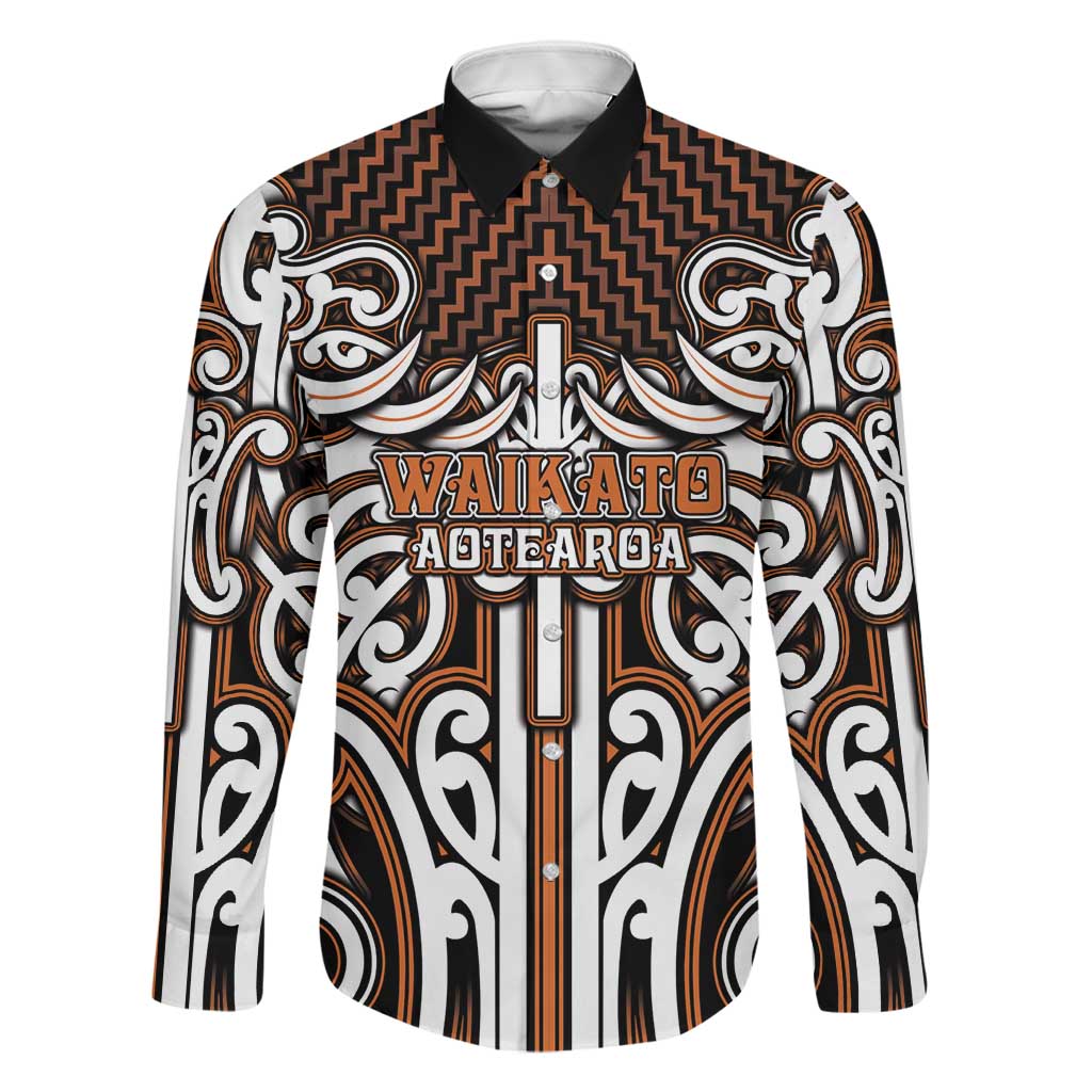 Custom Aotearoa Waikato Family Matching Puletasi and Hawaiian Shirt Maori Tribal Pattern Mix Poutama LT05 Dad's Shirt - Long Sleeve Orange - Polynesian Pride