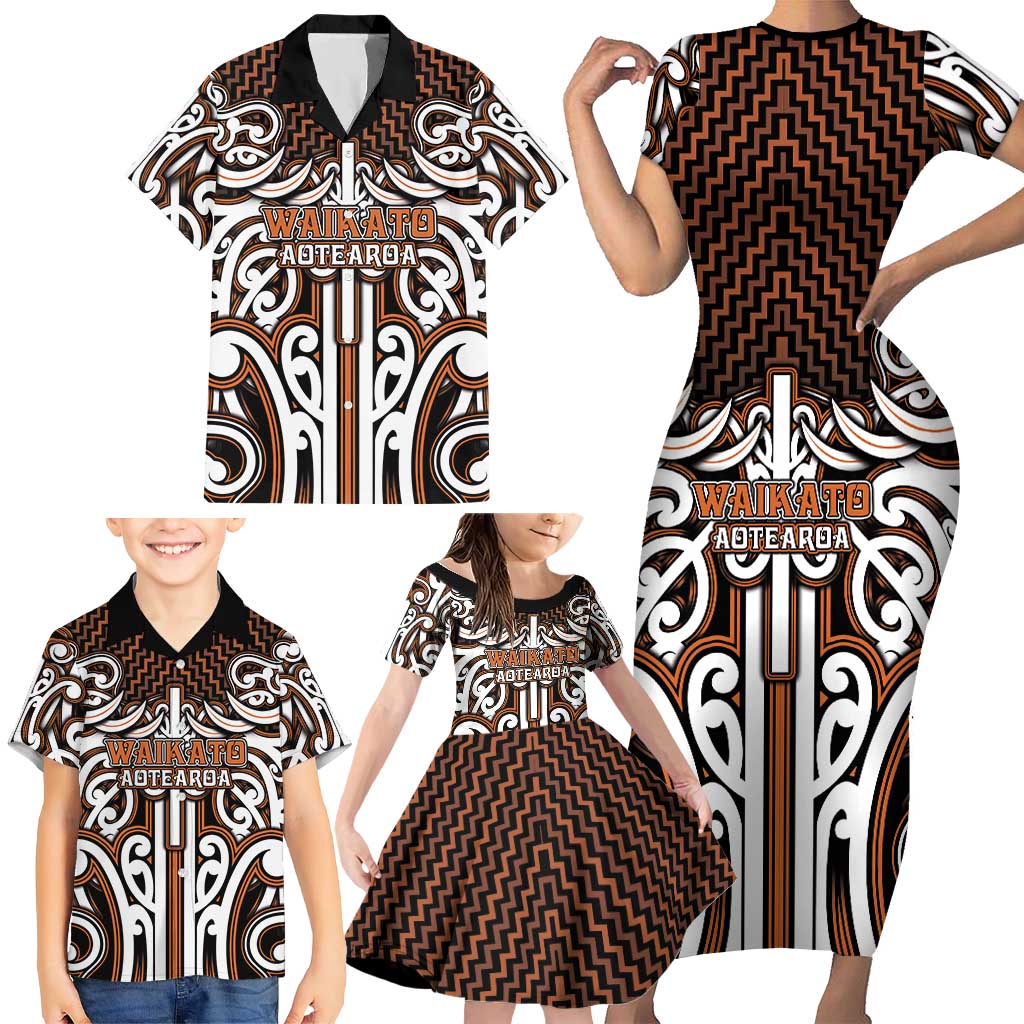 Custom Aotearoa Waikato Family Matching Short Sleeve Bodycon Dress and Hawaiian Shirt Maori Tribal Pattern Mix Poutama