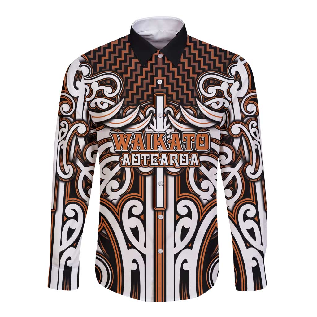 Custom Aotearoa Waikato Long Sleeve Button Shirt Maori Tribal Pattern Mix Poutama