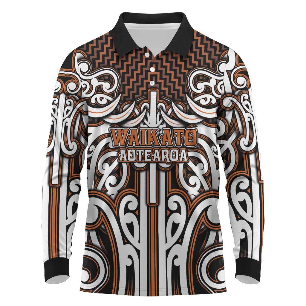 Custom Aotearoa Waikato Long Sleeve Polo Shirt Maori Tribal Pattern Mix Poutama LT05 Orange - Polynesian Pride