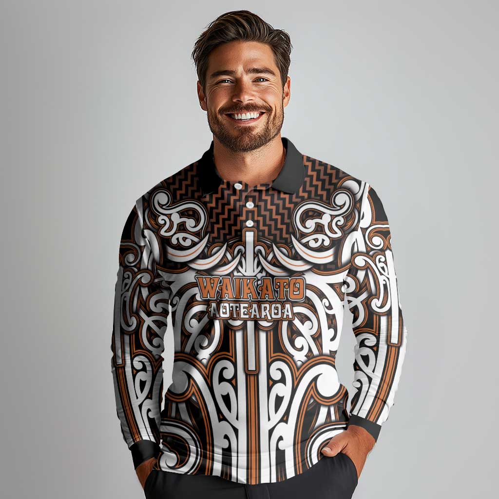 Custom Aotearoa Waikato Long Sleeve Polo Shirt Maori Tribal Pattern Mix Poutama LT05 - Polynesian Pride