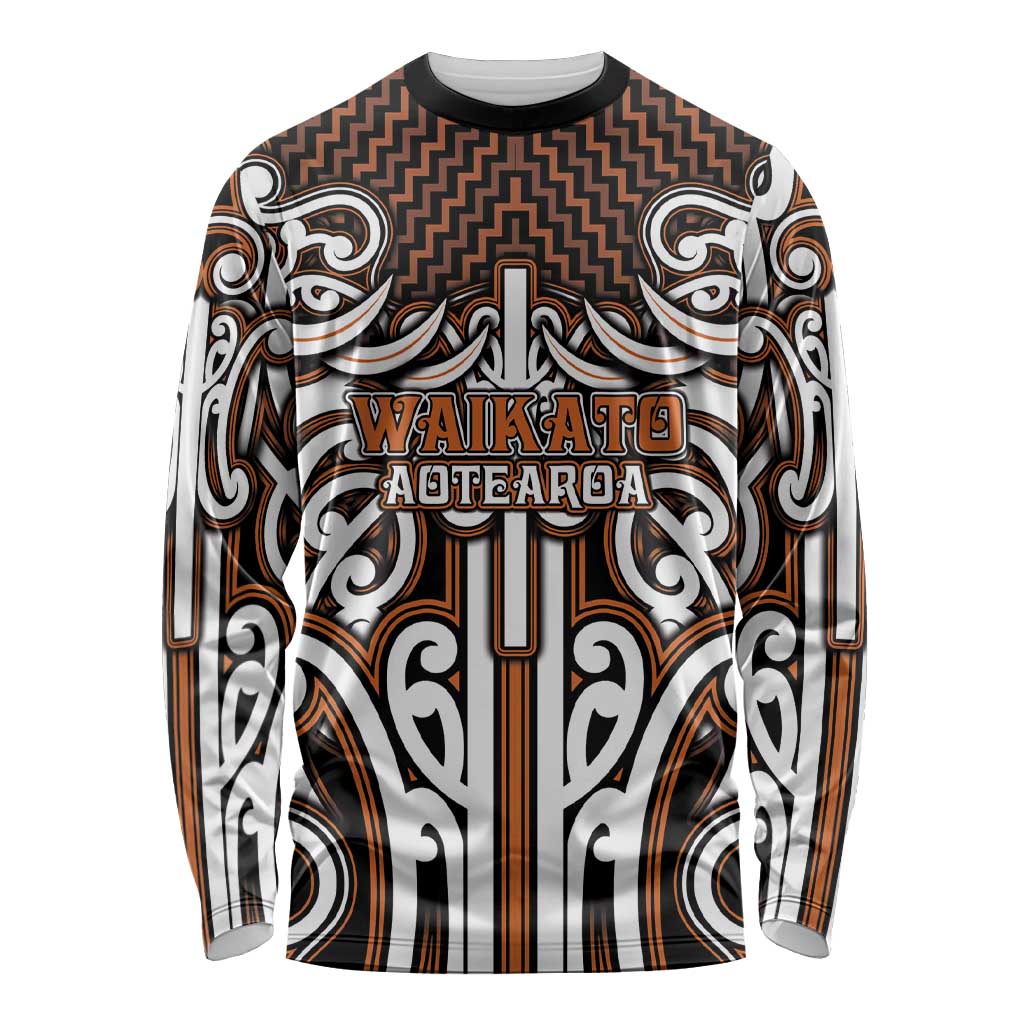 Custom Aotearoa Waikato Long Sleeve Shirt Maori Tribal Pattern Mix Poutama LT05 Unisex Orange - Polynesian Pride