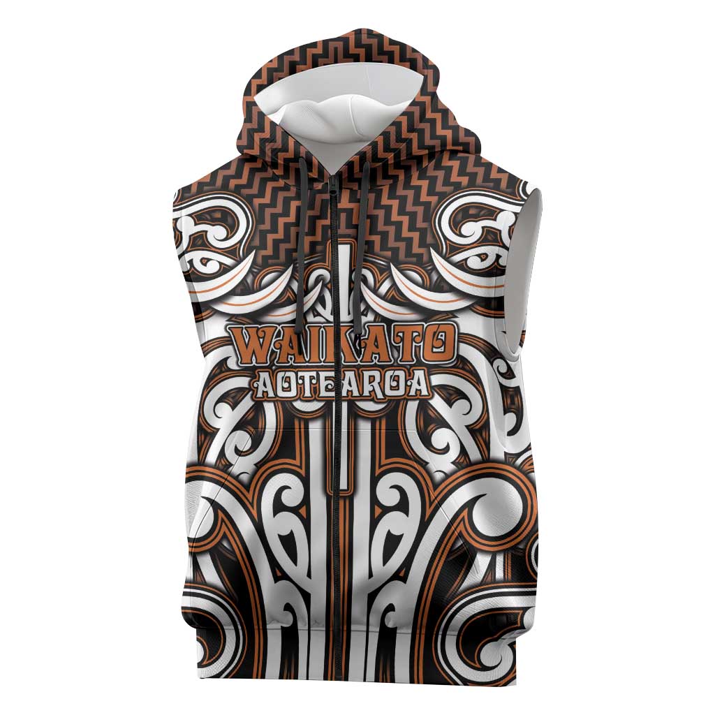 Custom Aotearoa Waikato Sleeveless Zip Hoodie Maori Tribal Pattern Mix Poutama LT05 Orange - Polynesian Pride