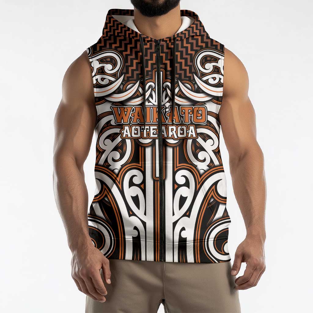 Custom Aotearoa Waikato Sleeveless Zip Hoodie Maori Tribal Pattern Mix Poutama LT05 - Polynesian Pride