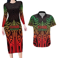 Custom Aotearoa Tuhoe Couples Matching Long Sleeve Bodycon Dress and Hawaiian Shirt Maori Tribal Pattern Mix Poutama LT05 Black - Polynesian Pride