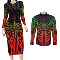 Custom Aotearoa Tuhoe Couples Matching Long Sleeve Bodycon Dress and Long Sleeve Button Shirt Maori Tribal Pattern Mix Poutama LT05 Black - Polynesian Pride