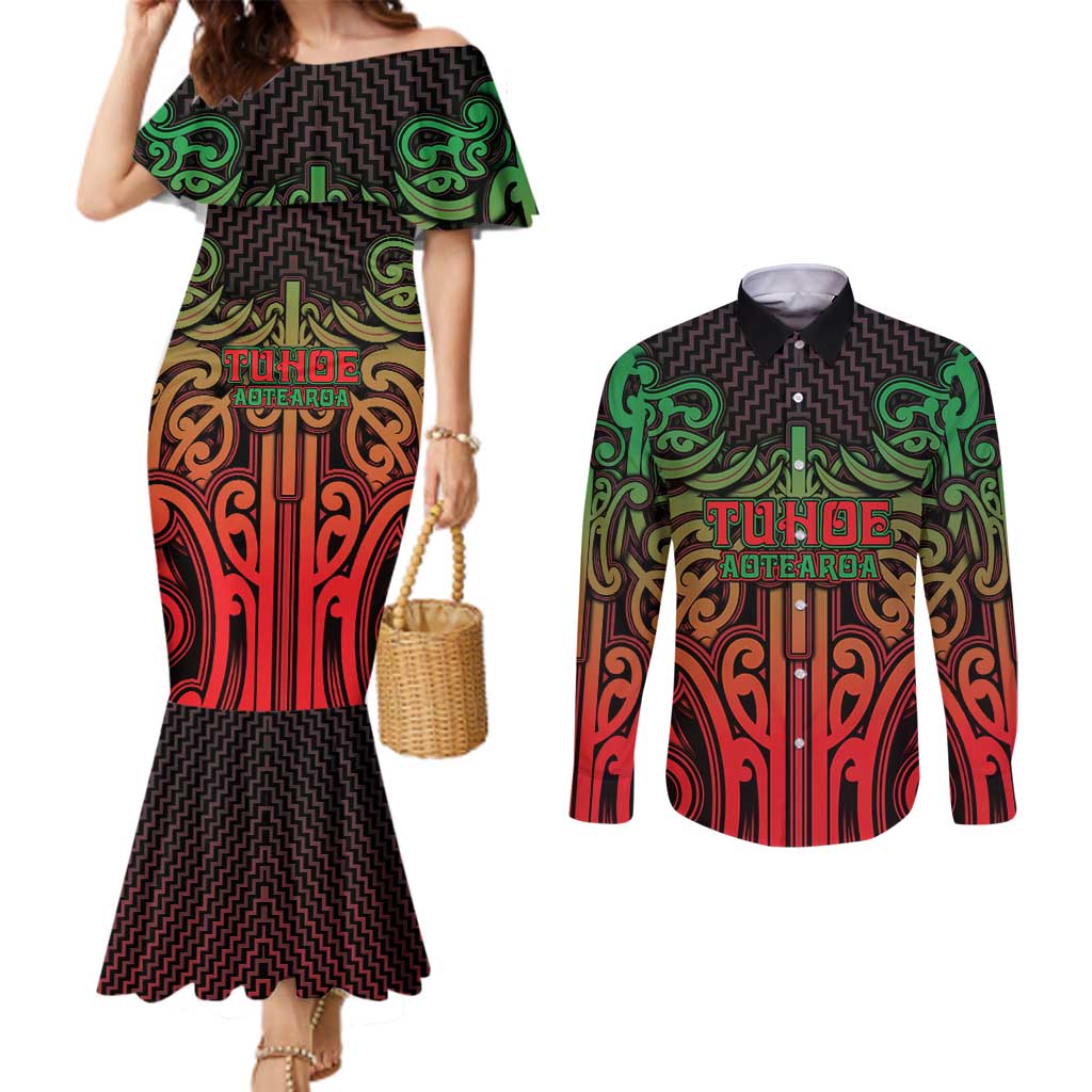 Custom Aotearoa Tuhoe Couples Matching Mermaid Dress and Long Sleeve Button Shirt Maori Tribal Pattern Mix Poutama LT05 Black - Polynesian Pride