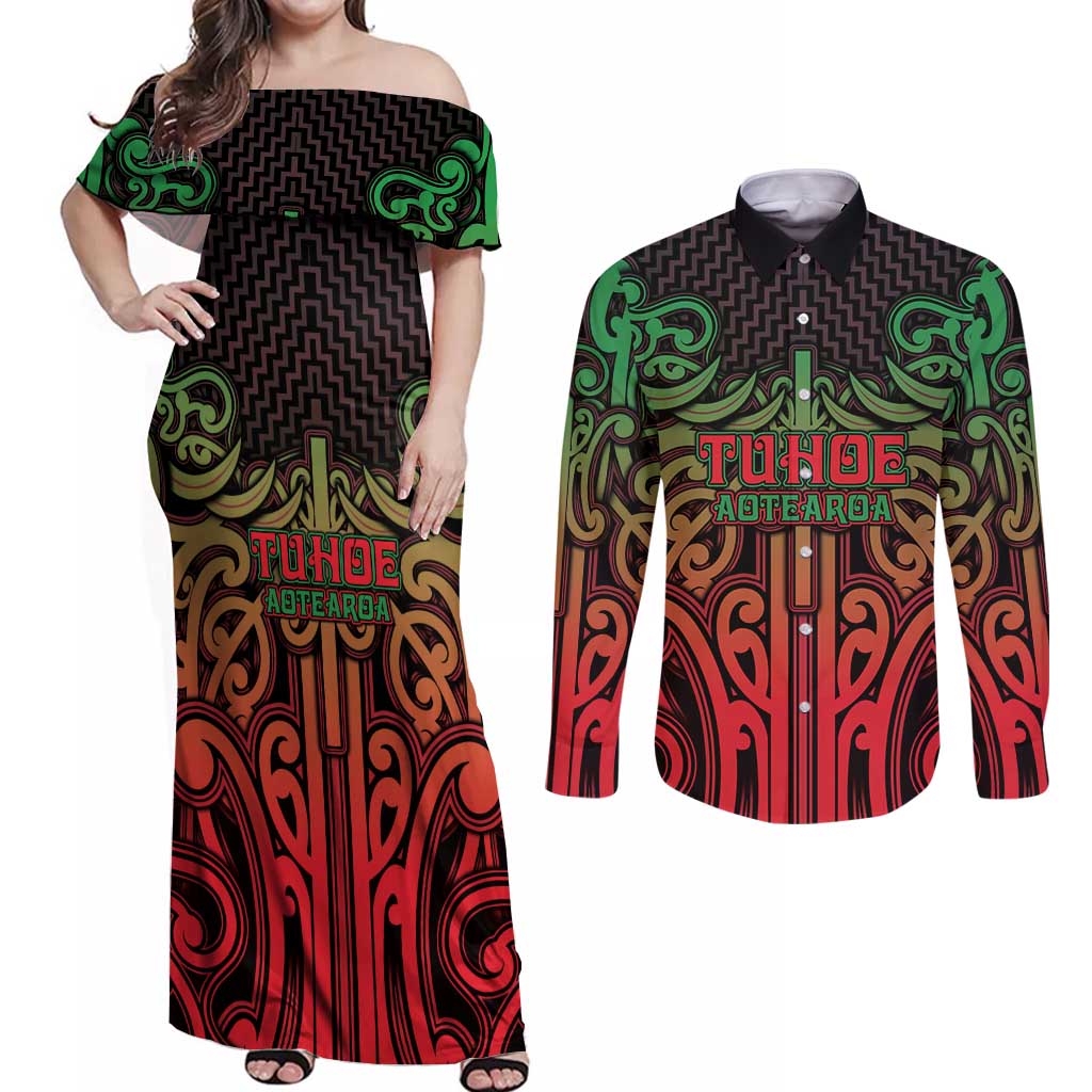Custom Aotearoa Tuhoe Couples Matching Off Shoulder Maxi Dress and Long Sleeve Button Shirt Maori Tribal Pattern Mix Poutama